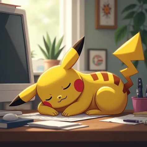 Pikachu fell asleep at his desk、The coat is fluffy