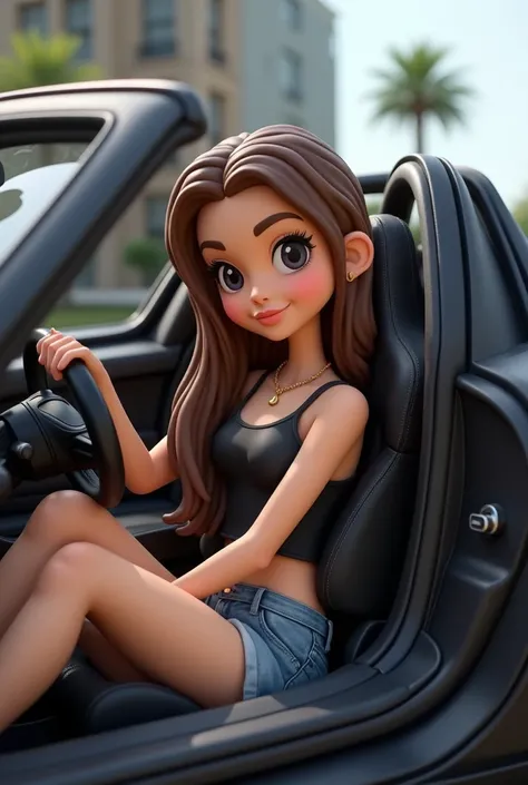 Funko pop woman with long brown hair wearing a black top and denim shorts in a black sports car 