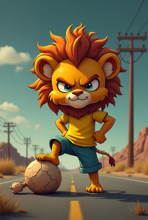 A cartoonish,  chaild lion character angry stands triumphantly with one foot on a cracked, worn-out doll lying on a deserted road. The hedgehog has a prominent tuft of spiky hair, wears a yellow shirt, and poses assertively. The background features a darke...