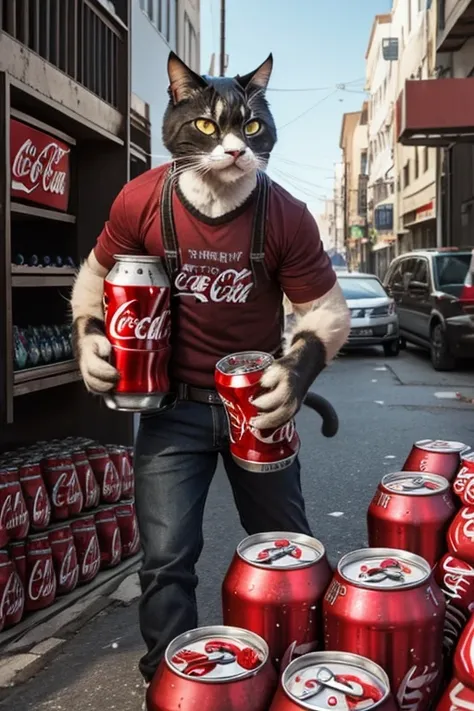 An angry cat with a bunch of Coca Colas cans and hes fending them from humans.