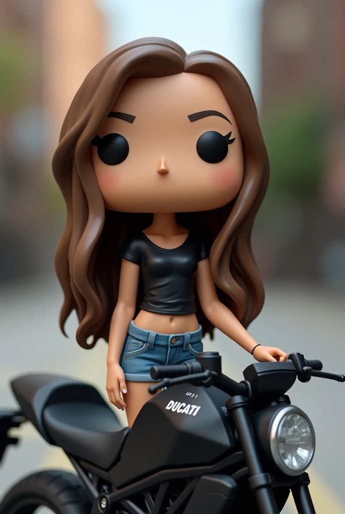 Funko pop woman long brown hair wearing a black top and denim shorts on a black ducatty 