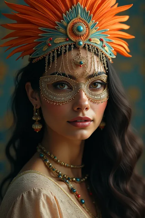 India with crown, with a mask made of fine mesh and huacamayo parrot feathers down as part of the hair 