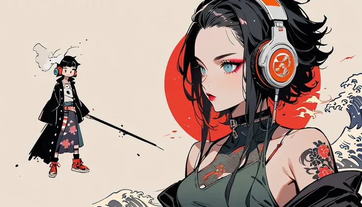 (((Ink Painting))), (((punk girl))), (((1 girl))), (((Flashy makeup))), (((Japanese style headphones))), (((Japanese patterned swimsuit))), (((TATOO))), (((Fire Wizard))), Japan人の美少女, Black Hair, Delicate and precise, Modern Ukiyo-e Style,Japan, Japanese f...