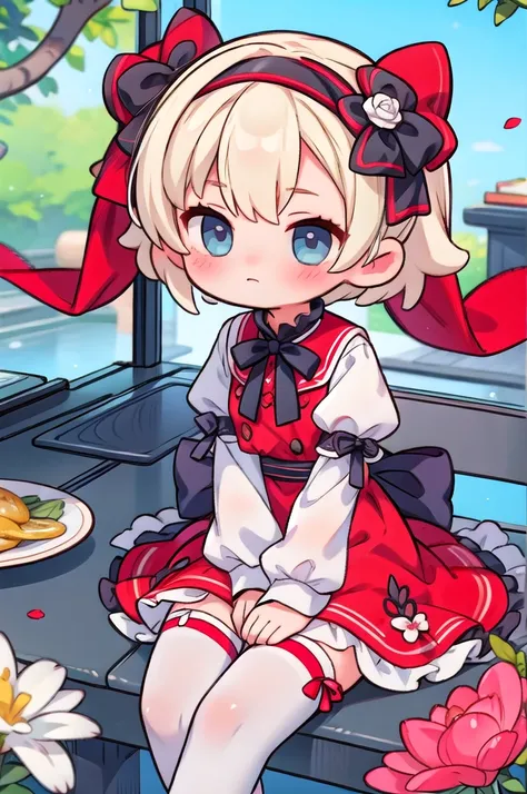 1girl, solo, thighhighs, dress, long sleeves, looking at viewer, red dress, blush, white thighhighs, petals,frills, sleeves past wrists, sitting, puffy sleeves, blurry, hand up, hairband, rose, flower, closed mouth, bow, hairband, ribbon, blurry foreground...