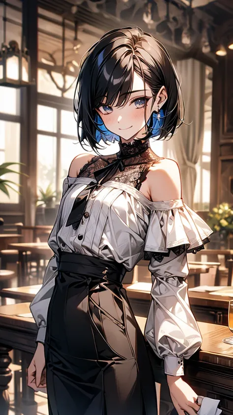 Best Quality, 1boy,Androgynous male,(Flat Chest:1.3),Black Hair,Short Bob Cut,(Off-the-shoulder blouse),Lace neck top,Long sleeve,Ribbon on sleeve,(Culottes skirt),Checked Skirt,Ribbon on waist,Vertical striped tights,Smiling Kindly,smile,Portraits, Inside...