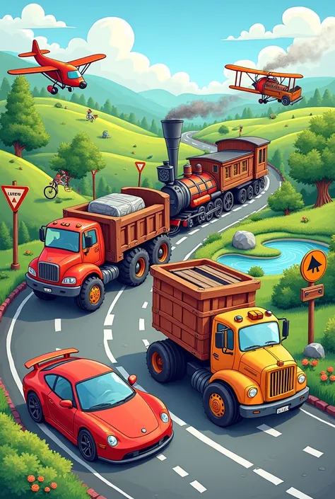 Create a childrens coloring book cover with a vehicle theme. You have to see all the vehicles that exist, car, truck, plane, train, bike, all in a coherent landscape