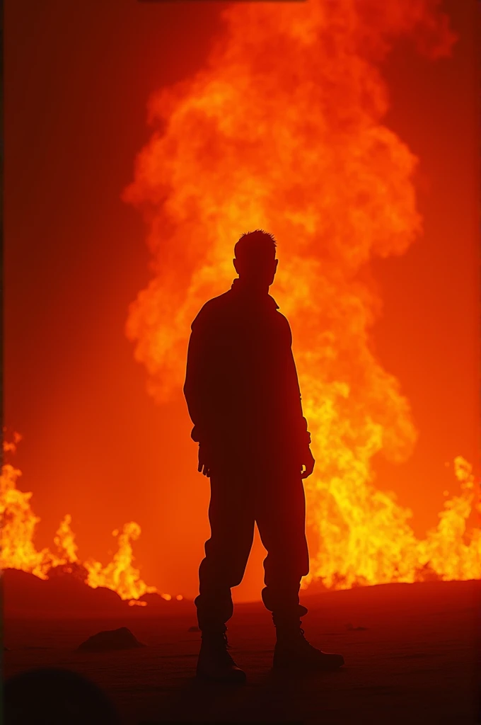 A red/orange background with a black silohuette of fire