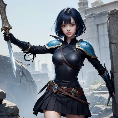 1 girl, Short hair, Blue hair, Wear a black shirt, Ancient armor, Steel skirt, Sword in hand, shield, Many corpses, , 