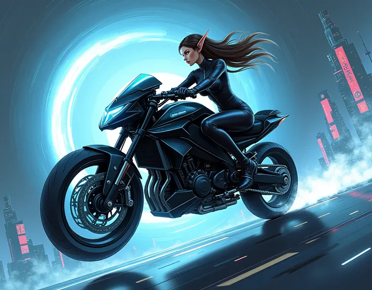 Black and white dieselpunk comic cover, 8k anime style comic, a sleek, futuristic high-tech motorcycle is seen gliding through a city of the future. The rider, a beautiful elf dressed in an elegant, form-fitting outfit, exudes confidence as her horses flow...