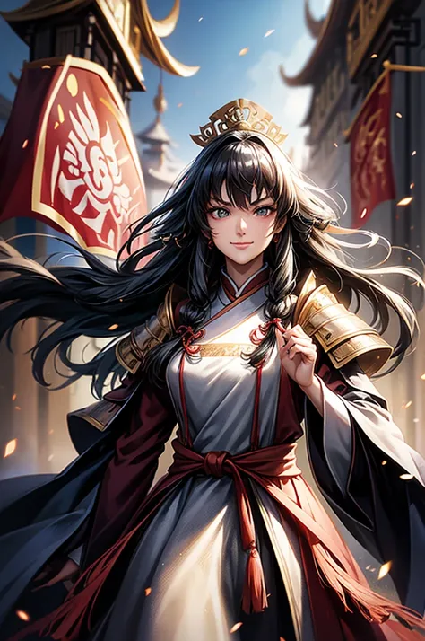 rmored１People Women, smile, clear, Hanfu, Wearing light armor, Tight waist, Long Hair, Black Hair, black eye, Five fingers, An old Chinese castle in the background, cinematic lighting, cowboy shot, anime, UHD, retina, masterpiece, accurate, anatomically co...