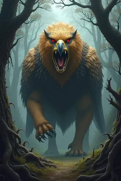 huge Giant mixture of falcon and red eye angry lion in a deep sacry forest 