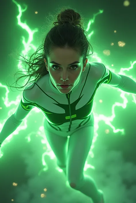 a female green lantern corps member, in a white and green glass armor, beautiful detailed eyes, beautiful detailed lips, extremely detailed face, long eyelashes, intricate costume details, powerful energy aura, levitating action pose, cinematic lighting, h...