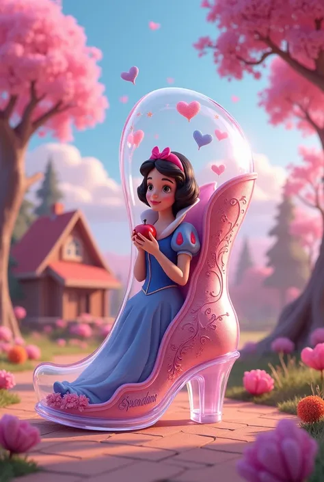 A 3D illustration of a transparent boot with the Disney animated character Snow White sitting inside. Snow White is wearing a blue dress and is holding an apple in her hands. The boot is labeled "Spandana" in cursive, elegant letters. There are vibrant sta...