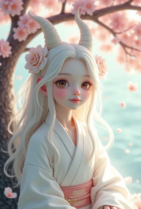 small japanese girl with big tits with big white goat horns very white skin long wavy hair with white roses in her hair adorned white kimono and sitting under a japanese cherry tree