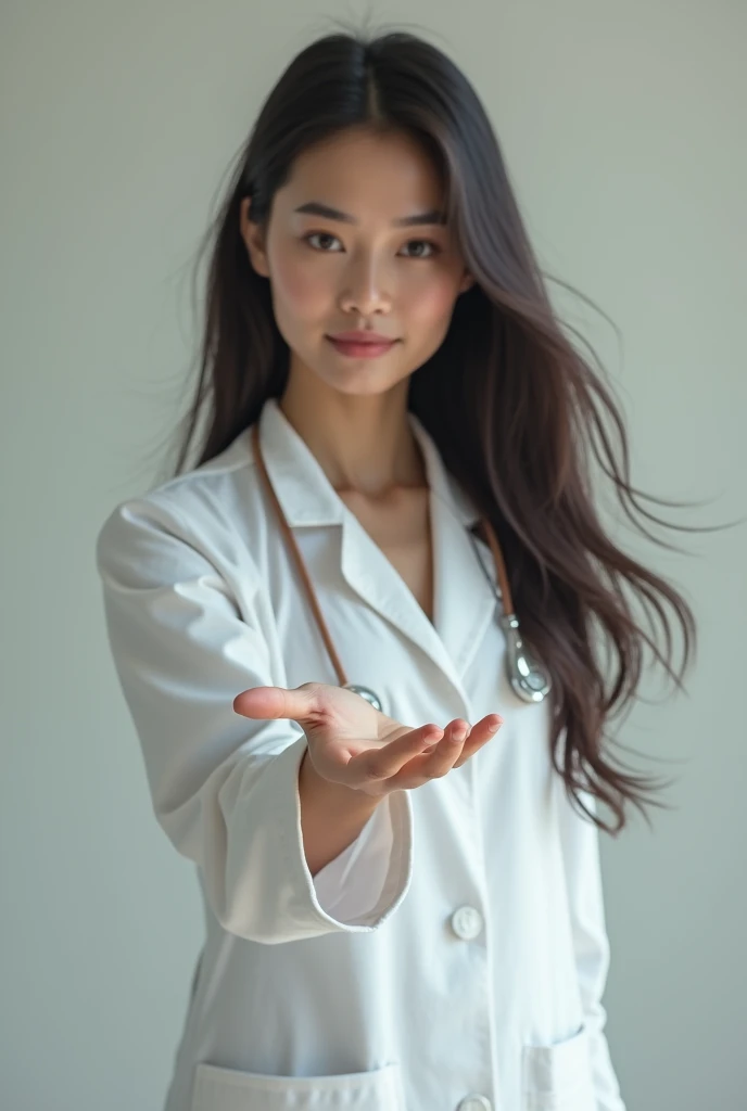 A female Thai doctor with long hair and a beautiful face stretches her hand to the left, focusing on her hand.