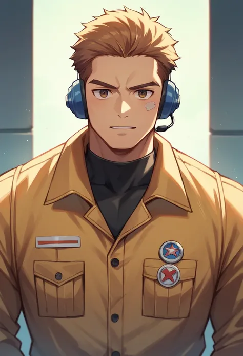 Anime male agent, pilot clothes, chopper pilot, clusmy and friendly, yet focused and hard worker, brown professional hair, headset