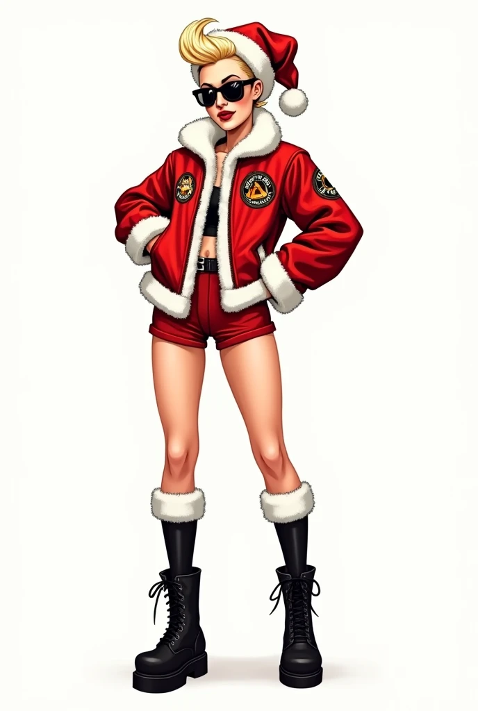 (vector illustration, vector style, style of Richard Corben:1.4)), (black and white and red),(black inking, flat colours:1.5), psychobilly Elsa Jean dressed as female Santa Claus, hatless, full lenght, smile, (psychobilly haircut:1.5), pinup pose, (dressed...