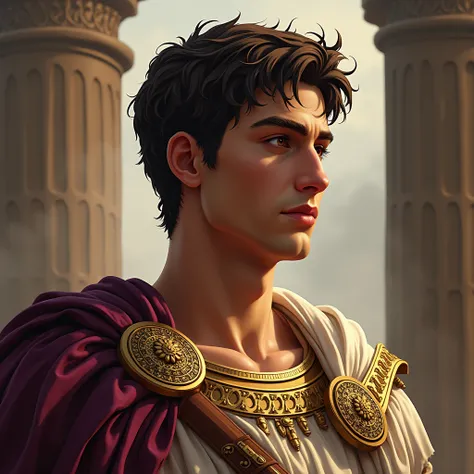 Roman Emperor Constantine the Great、hair: With short, soft hair、The overall impression is modest yet powerful.。 Eyebrows: Thick、Characterized by strong eyebrows、It symbolizes his strong will.。 Face: High forehead and sharp contours、Her face is elegant yet ...