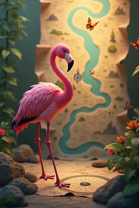 Flamingo Navigator: A flamingo holding a compass with a map in the background.
