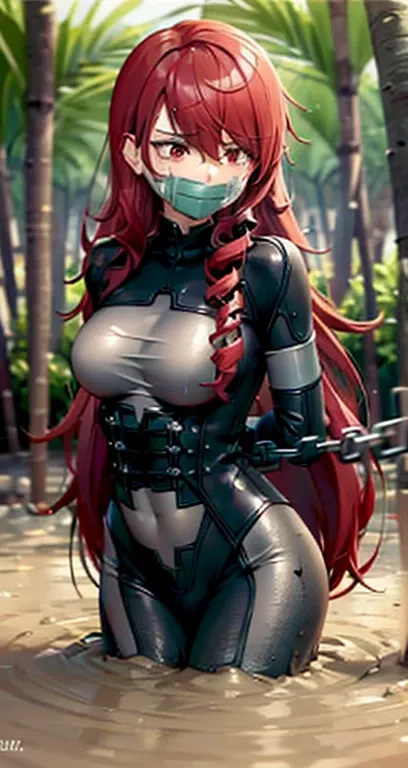 (black bodysuit, grey bodysuit:1.4), kirijou mitsuru, (red eyes, long hair, messy hair, red hair:1.4), 1girl, (gag, gagged, tape...