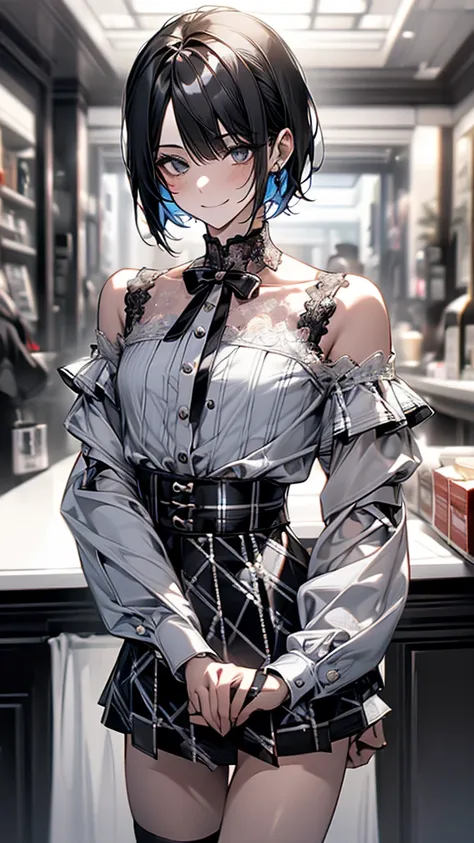 Best Quality, 1boy,Androgynous male,(Flat Chest:1.3),Black Hair,Short Bob Cut,(Off-the-shoulder blouse),Lace neck top,Long sleeve,Ribbon on sleeve,(Black and white checked mini skirt:1.5),Ribbon on waist,Vertical striped tights,Smiling Kindly,smile,Portrai...