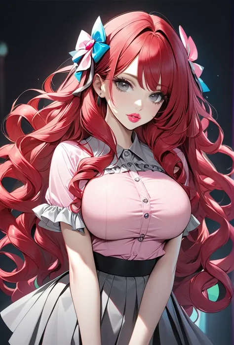 Woman, with very long curly red hair, with gray eyes, she is wearing a pink ruffle shirt and skirt, wears hair decoration, has big boobs, she has pretty pink lips, with pale skin, jewelry 