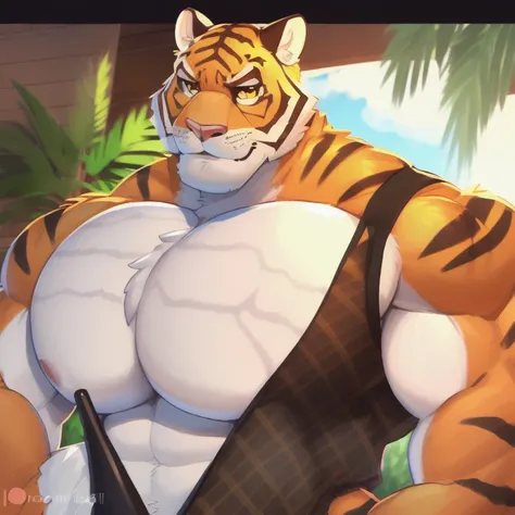 oscar, yellow eyes, muscle shirt, looking at the viewer, smiling, tiger tail,(pin up), (pose sexy), niples, cum, chest, (soft sh...