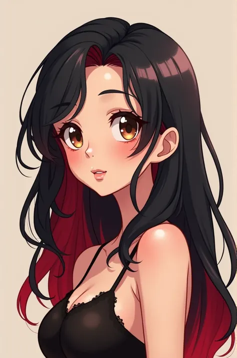 Create a cute 1 anime girl of Mexican origin but with light skin but not so white,with long black hair with red tips,Dark brown eyes with good physical qualities