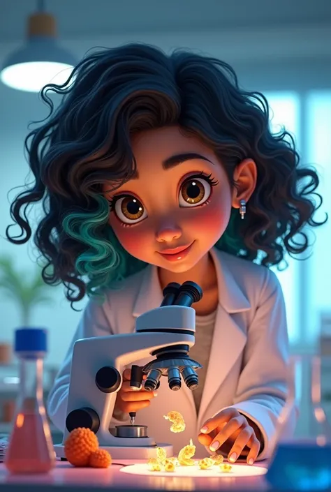 Animated image of a young brunette Latina girl, Shoulder length curly black hair with blue and green tips, chocolate eyes, Thick lips, thick eyebrows, with lab coat, Viewing shrimp samples under a microscope 