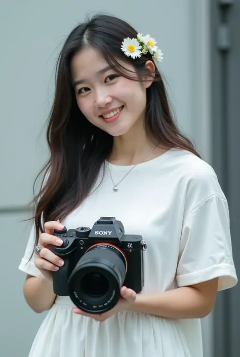 Ultra realistic, highly detailed photo of Japanese very healthy woman, holding a SONY SLR camera with learge lens, full body shot, age 32, she is slightly fat, monotone background, some distance from viewer, some spots on the face, not putting on make-up, ...