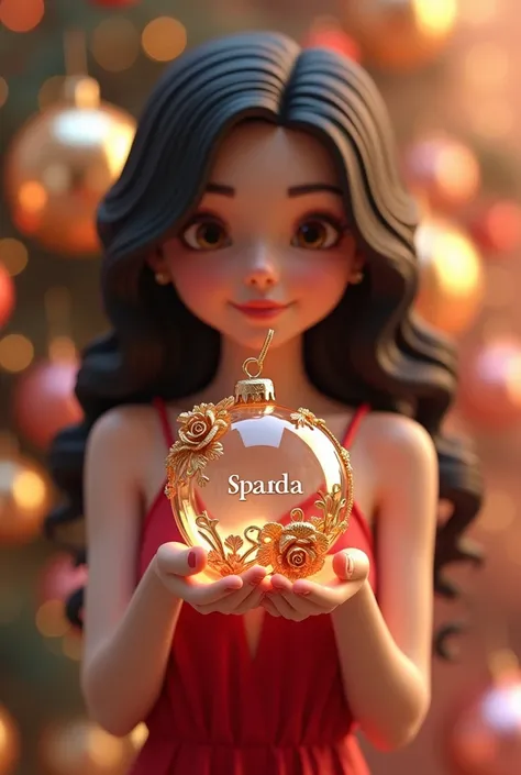 A 3D render of a festive celebration with Cute girl in an elegantly posed outfit. She has brown eyes and black hair and is wearing a red jumpsuit with high heels. Betty Boop tenderly cradles a transparent Christmas ornament made of delicate glass, adorned ...