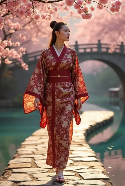 25year supermodel Asian maroon gold chinoiserie kimono, on a walkpath with a stone bridge, blue pond, cherry blossoms falling, sunrise