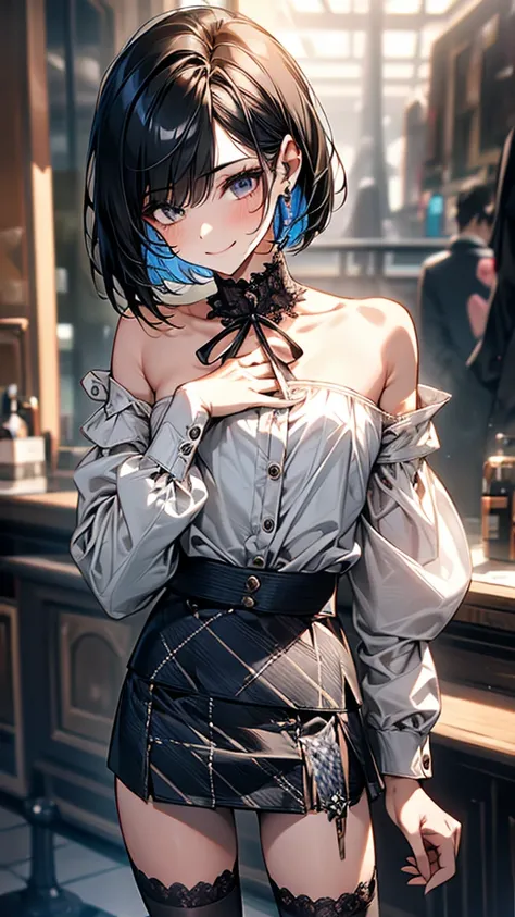 Best Quality, 1boy,Androgynous male,(Flat Chest:1.3),Black Hair,Short Bob Cut,(Off-the-shoulder blouse),Lace neck top,Long sleeve,Ribbon on sleeve,(Checked mini skirt:1.5),Ribbon on waist,Vertical striped tights,Smiling Kindly,smile,Portraits, Inside a qui...