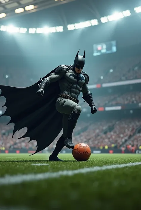 Batman trying to Kick a football to make a Goal in big football stadium 