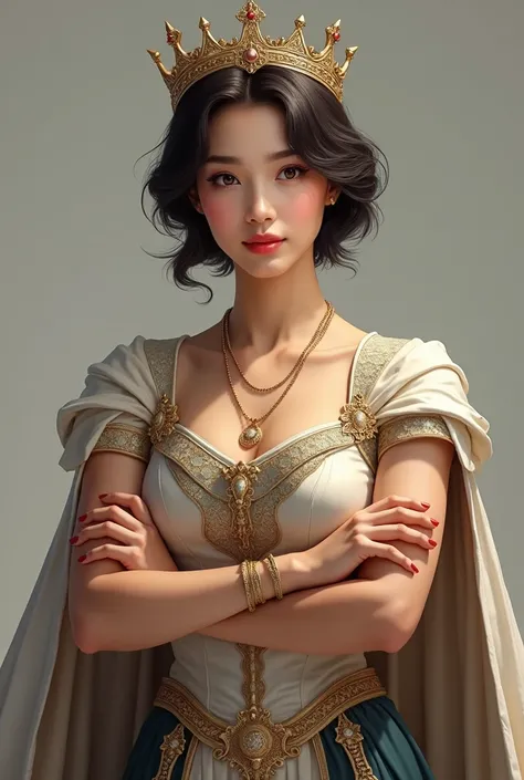 beautiful girl with a proud face and chin looking up, looking at the camera, short hair with a gold crown, in royal clothes, crossed arms, hd, full body image, realistic