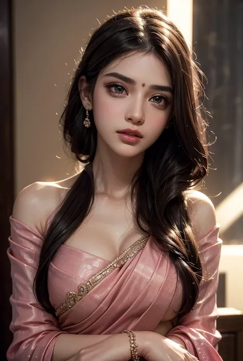 beautiful girl, 1girl, pink saree, upper body, detailed face, beautiful detailed eyes, beautiful detailed lips, extremely detailed face, long eyelashes, elegant pose, high fashion, glamorous, dramatic lighting, cinematic, intricate details, hyper-realistic...