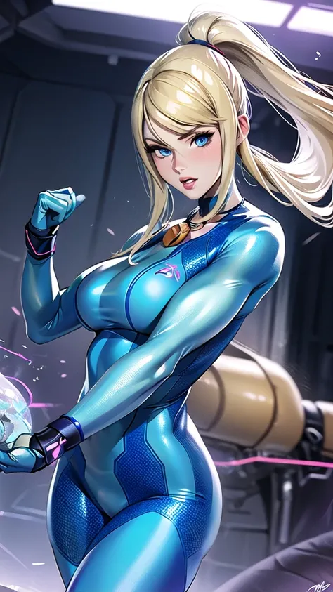 masterpiece, The best quality, 1 girl, (neoartcore:0.25), High quality CG defsamus, blonde hair, mono, blue clothes, blue gloves,, Futuristic, Blue eyes, Muscular woman, big muscles, He wore a magic necklace around his neck.., I look at my body in wonder.,...