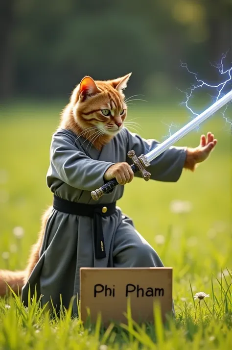 Create a video: A brown cat in gray attire practicing sword fighting in a sunlit grass field. The sword emits lightning-like sparks. In front of the cat, there is a rectangular sign reading "Phi Pham."