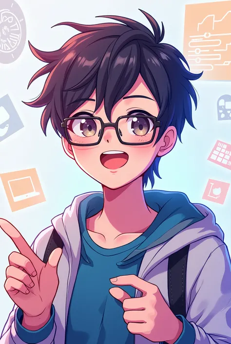 Anime on a young techie with glasses and  a smiling face