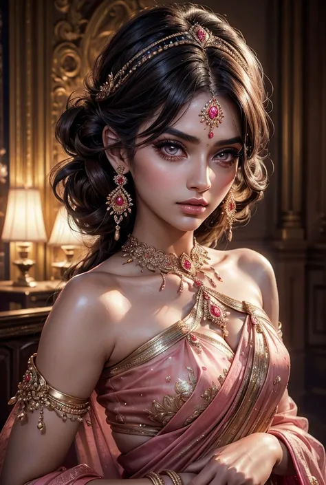 beautiful girl, 1girl, pink saree, upper body, detailed face, beautiful detailed eyes, beautiful detailed lips, extremely detailed face, long eyelashes, elegant pose, high fashion, glamorous, dramatic lighting, cinematic, intricate details, hyper-realistic...