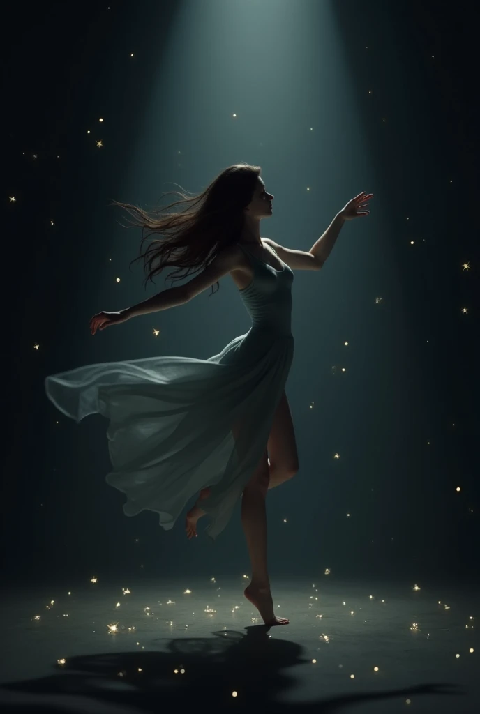 Animated brunette woman dancing in a shadowy room with little stars that slowly fade away