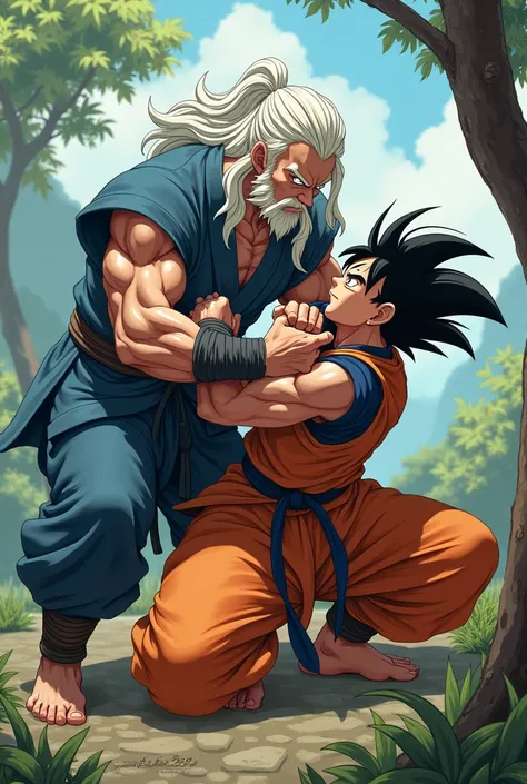 Thorfinn and Goku wearing jiu-jitsu kimono where Thorfinn applies the armlock move by pulling Goku&#39;s arm lying on the ground