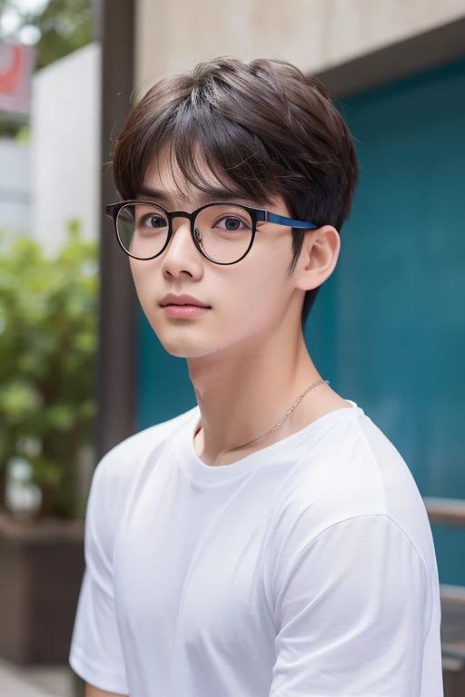 Young man wearing round glasses，White T-shirt and blue shirt，Fair skin