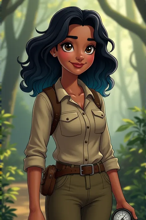 Disney princess type image of brunette Latina biologist girl, with shoulder-length curly black hair with blue tips, Medium sized oval chocolate colored eyes, dark thick lips, a mole on the chin, field work clothes, plump body, big hips, field boots a compa...