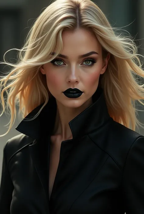 Blonde with black lipstick and a black jacket 