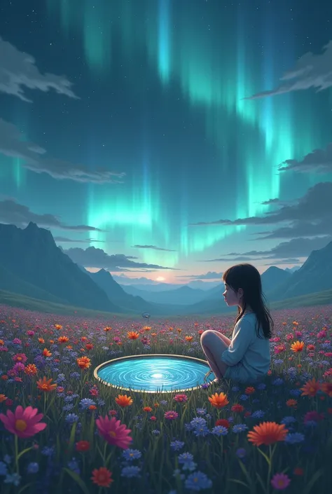 Girl sitting in a field of flowers, with rays of aurora borealis, with a circular mirror in front of her with water waves