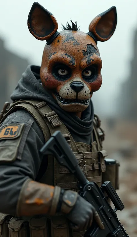 4k A post-apocalyptic soldier who uses as camouflage half of the mask of the destroyed and shattered animatronic Whiteret Foxy from Five Nights at Fredd