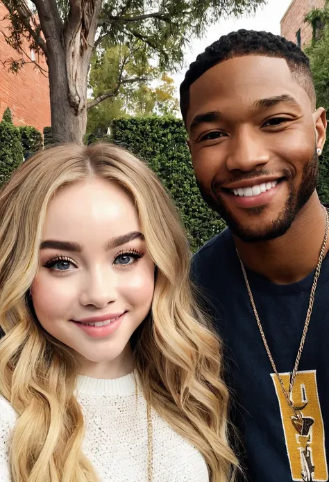 Caucasian singer Sabrina Carpenter and a handsome African American male whose facial features are a combo of Charles Michael Davis + Kid Cudi + Broderick Hunter pose together for a photo. Both are smiling. Both are attired attractively but casually for a d...