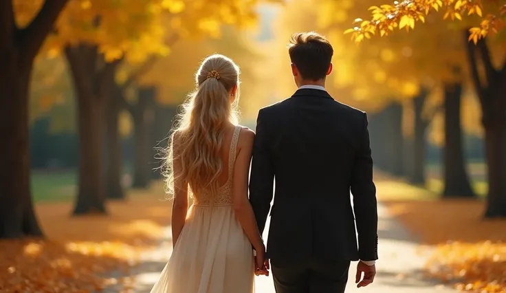 A woman with long wavy blonde hair, gold earrings, pale skin, standing, and a dark-haired man walk through the park on a maple tree lined driveway with many yellowed fall leaves, many fallen to the ground. Natural lighting, soft shadows, formal atmosphere,...