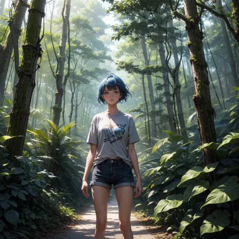 1 girl, Short hair, Blue hair, Wear a gray shirt, shorts, Standing in the middle of a vine forest